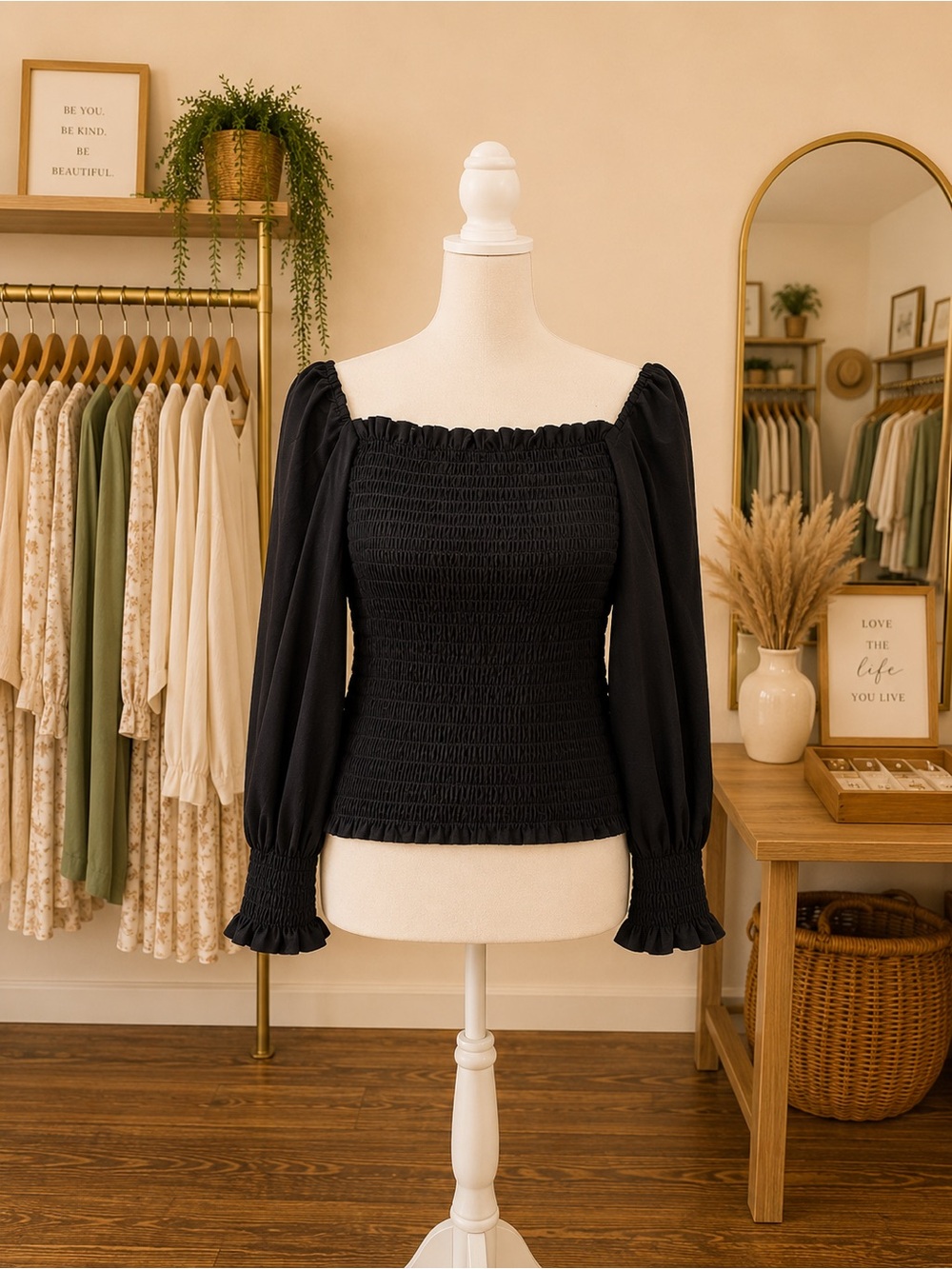 BTFBM Black Smocked Square Neck Balloon Sleeve Top XL